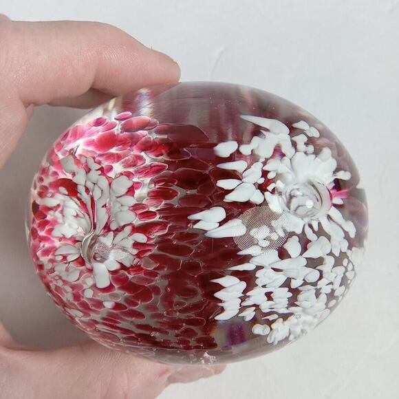 Signed SEW ART GLASS Paperweight Pink Rose Plum White Swirl Hand Blown Vintage - Picture 4 of 7